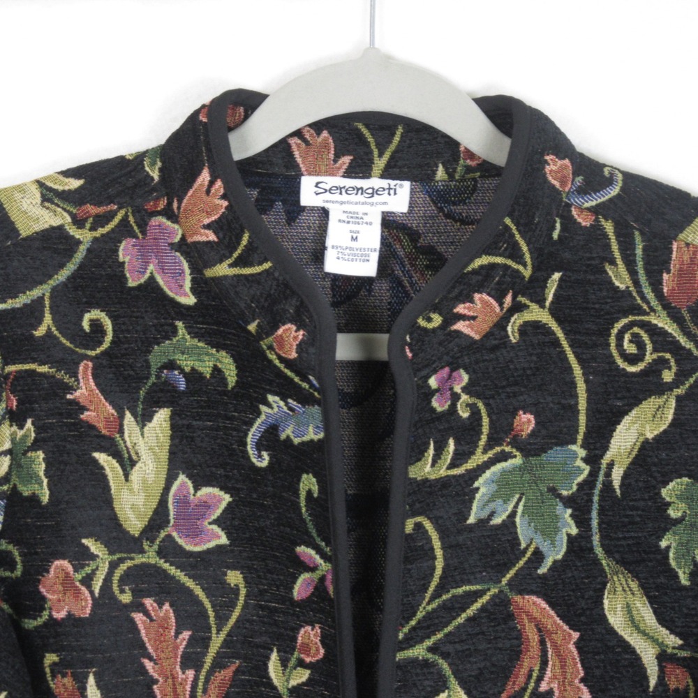 Serengeti Womens Tapestry Jacket Black Floral Vine Open Front Pockets Size Med - Picture 5 of 14